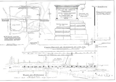 Plans of remains of Bailgate colonnade and other nearby structures. Produced by George Fox (Archaeologica, 1892)