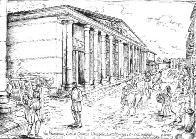 Conjectured reconstruction by Roy Fisk of how the Roman Forum colonnade may have looked in the 2nd Century.